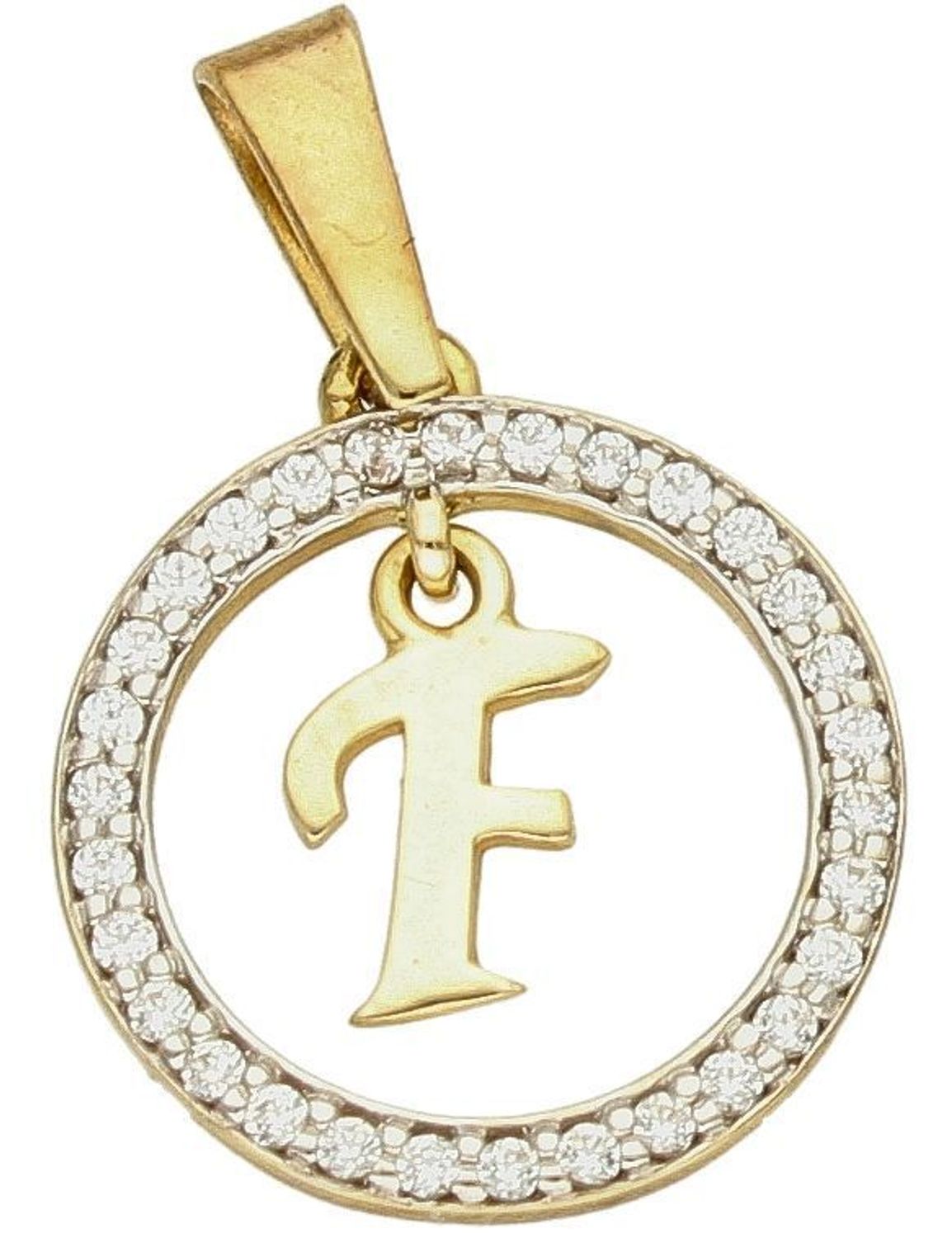 Złota zawieszka 333 literka F w kółeczku ozdobionym cyrkoniami Z-441 F. Piękny, złoty wisiorek o ciekawym wzorze wykonany z żółtego złota próby 333. Personalizowana zawieszka to doskonały pomysł na prezent dla każdej kobiety..jpg